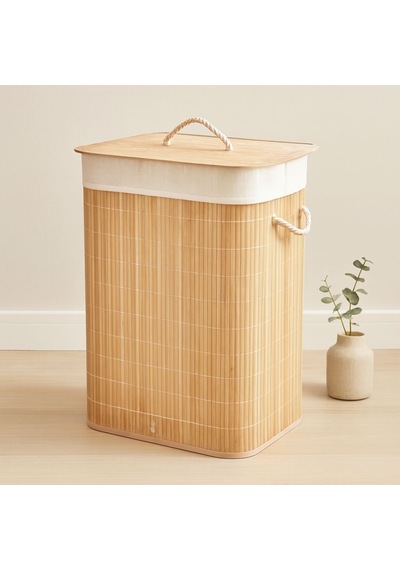 Bambu Kirli Çamaşır Sepeti 40x30x60 Cm - Kapaklı İpli Kumaş Torbalı Diğer