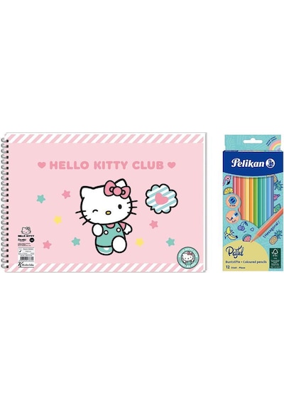 Hello Kitty 17x25 Spiralli Resim Defteri - Pelikan Pastel Renkler 12li Kuru Boya 2'li Set 3 Çok Renkli