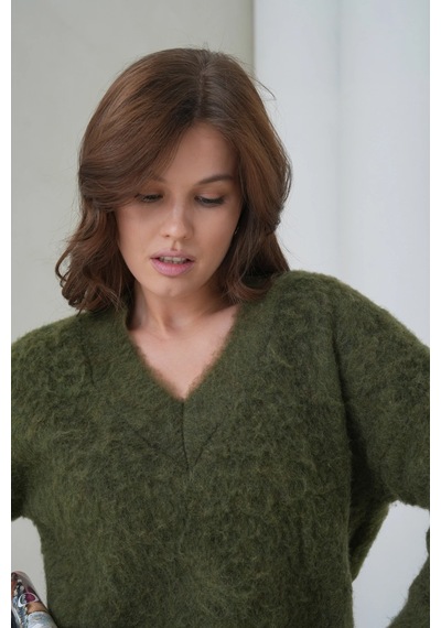 Park Karon Kadın V Yaka Sakal Dokulu Şardonlu Oversize Triko Kazak 8695 Haki