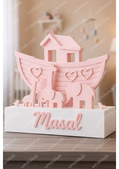 Kişiye Özel İsme Yazılı Pembe Ahşap Görünümlü Nuh Un Gemisi Bebek Odası Dekoru