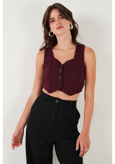 Lela Slim Fit Kalp Yaka Düğmeli Kalın Askılı Crop Bayan Yelek 5865497 Bordo