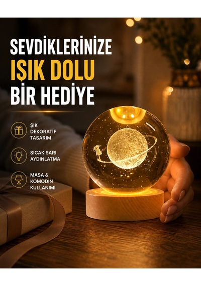 Ahşap Standlı Sarı Işıklı Dekoratif Küre Kız Figürü Tasarım 01
