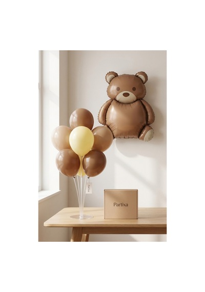 Retro Koyu Kahverengi Ayıcık Balon Stand Seti Şeffaf 7 Li Stand + Ayıcık Folyo Balon 89 65 Cm + 7 Lateks Balon