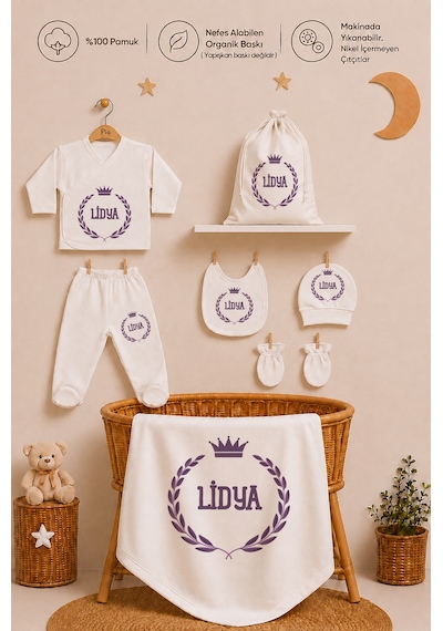 Pia Baby Kişiye Özel %100 Pamuk Kız Bebek Hastane Çıkışı Zıbın Seti 8 Parça Kese Hediyeli 2074zybk0x Krem