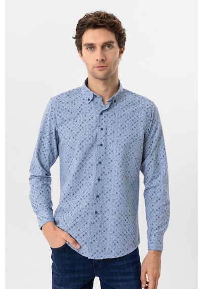 Süvari Mavi Slim Fit Düz Düğmeli Yaka Gömlek-34234 Mavi