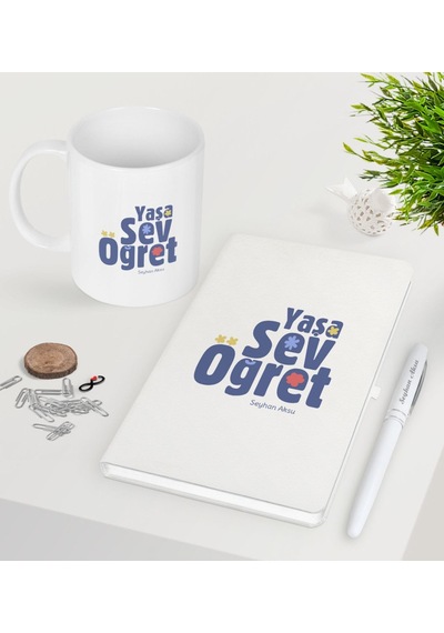 Kişiye Özel Yaşa Sev Öğret Beyaz Defter Kalem Kupa Seti-2
