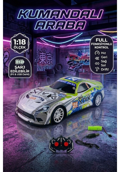 Vardem Cool Wind Uzaktan Kumandalı Şarjlı Drift Arabası 1:18 Ölçek Full Fonksiyonlu Yeşil Beyaz