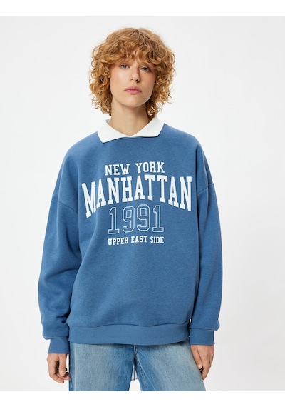 Koton Polo Yaka Sweatshirt Kolej Baskılı Uzun Kollu Mavi 5wal10205ık Mavi