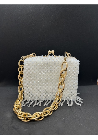 Luti Design El Yapımı Kristal Boncuk Abiye Çanta/ Zincir Askılı Özel Tasarım Beyaz