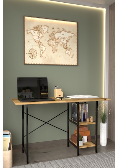 Metal Ayaklı 2 Raflı Çalışma Ofis  Masası Atlantik Çam 60x120 CM