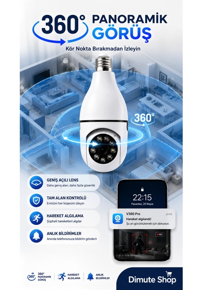 V380 Pro Ampul Kamera 360 Wifi Güvenlik Kamerası Gece Görüşlü Hareket Sensörlü