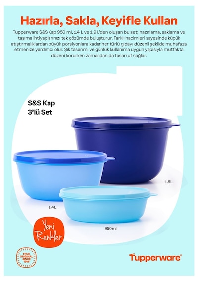 Tupperware Mucize Şeker Saklama Ve Servis Kabı 3 Lü Set Yeni Renkler Mavi