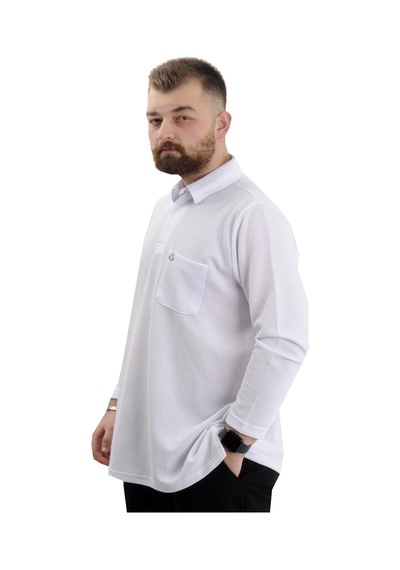 Mode Xl Büyük Beden Erkek Sweatshirt Polo Yaka Uzun Kol Waffle 23449 Beyaz Beyaz