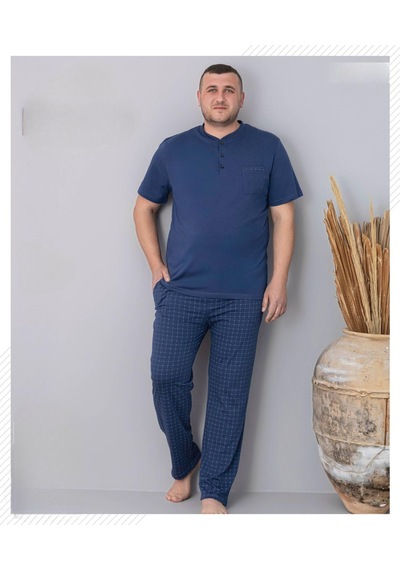 Pijamoni Erkek Battal Düğme Yaka Penye Kısa Kol Pijama Takımı 6730/1 - 1 Adet Mavi