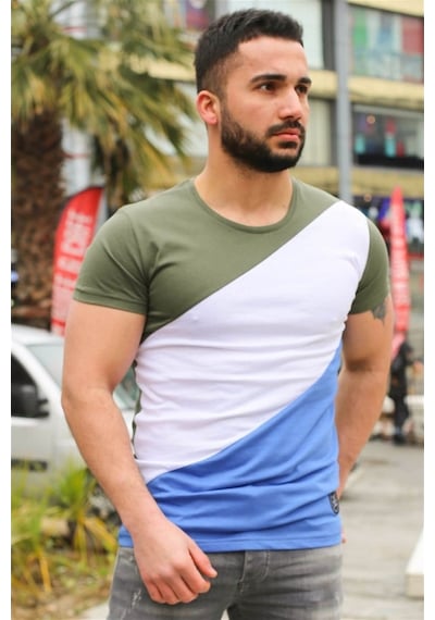 Madmext Renk Bloklu Haki Tişört 3018