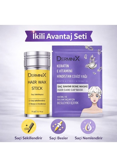 İkili Saç Bakım Seti Hair Wax Stick Saç Şekillendirici + Keratin, E Vitamini & Hindistan Cevizi Yağlı Bone Maske Bes
