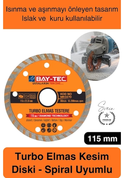 Elmastestere 115 Mm Turbo Elmas Kesim Diski Spiral Uyumlu Beton Seramik Mermer Taş Granit Fayans