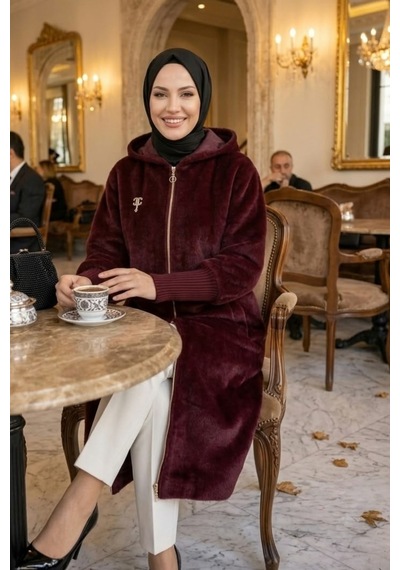 Hb Harma Time Butik Kadın Fermuarlı Kapüşonlu Angora Bordo Kürk Kaban