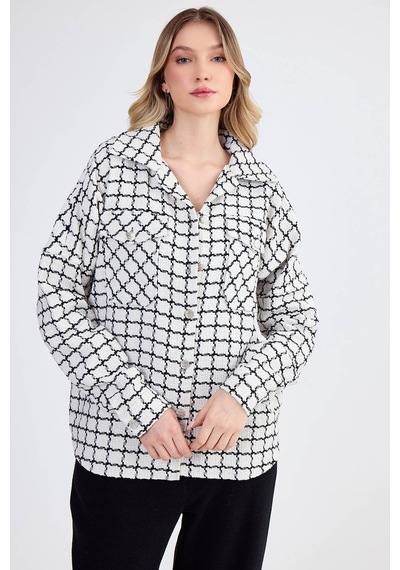 Vitrin Kapak Cepli Desenli Oversize Gömlek Ekru