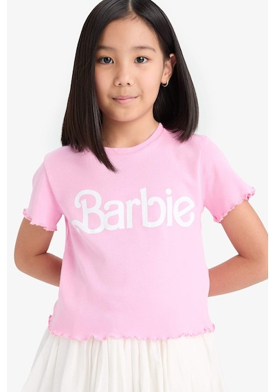 DeFacto Kız Çocuk Barbie Fitted Bisiklet Yaka Ribana Kısa Kollu Tişört E2614A825SMPN666 Pembe