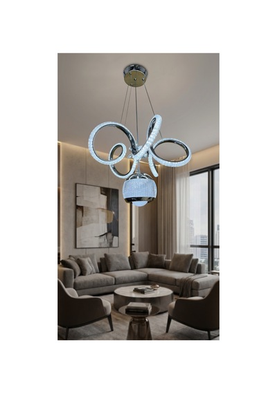Kıvrım Tekli Simli Yakamoz Top Modern Sarkıt Led Avize Kumandalı Krom Krom