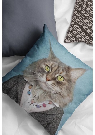 Kedi Kıyafetli Hayvanlar Çift Taraflı Kırlent Kılıfı Krl872n11 Mavi