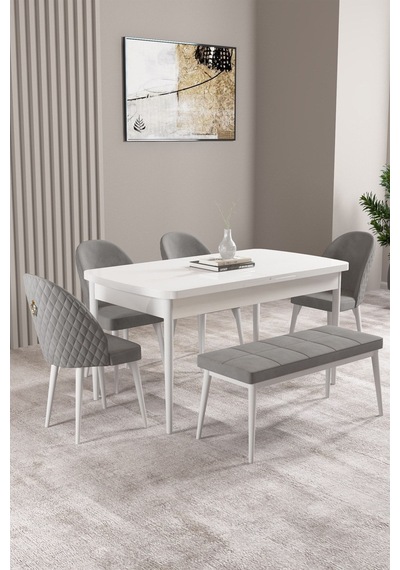 Milas Beyaz 80x132 Mdf Açılabilir Yemek Masası Takımı 4 Sandalye, 1 Bench Gri