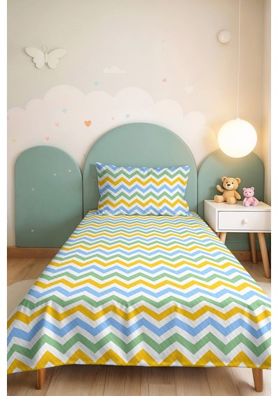 Mavi Zigzag Geometrik Genç Odası Tek Kişilik Pike Takımı-sarı Yeşil 160x220 Cm Kapitone Yatak Örtüsü Bohem Kireç Geçişi