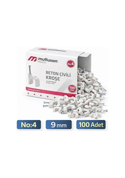 Mutlusan No:4 Beton Çivili Kroşe 9 Mm Kablo Kroşesi 2x4 Antigron Kablo Sabitleme 100 Adet