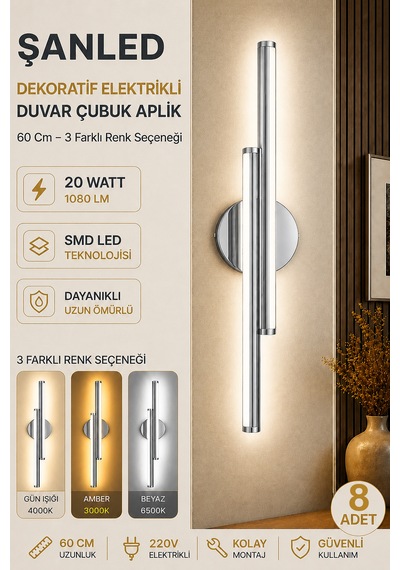 Dekoratif 20w İç Mekan Krom Kasa 3 Renkli Işık 60 Cm Duvar Aplik Elektrikli 8 Adet