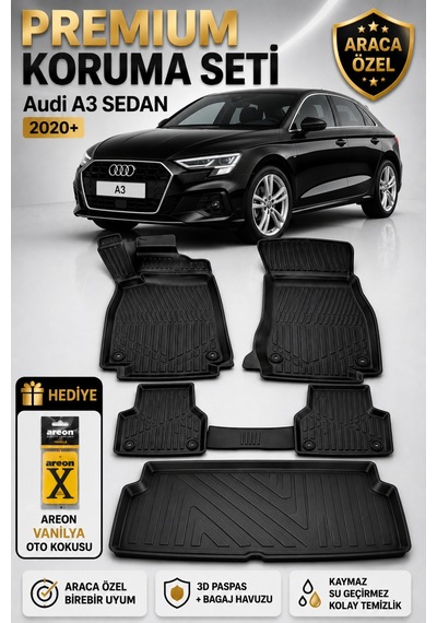 Audi A3 Sedan 2025 Model Uyumlu 3d Araca Özel Havuzlu Paspas+bagaj Havuzu Birebir Uyum