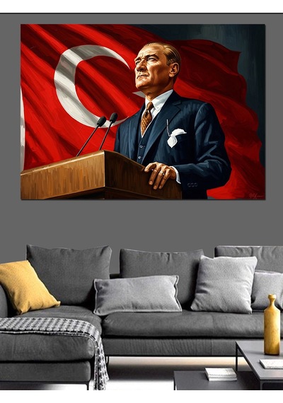 Ahşap Tablo Türk Bayrağı Önünde Atatürk Portresi İstanbul Tabloları