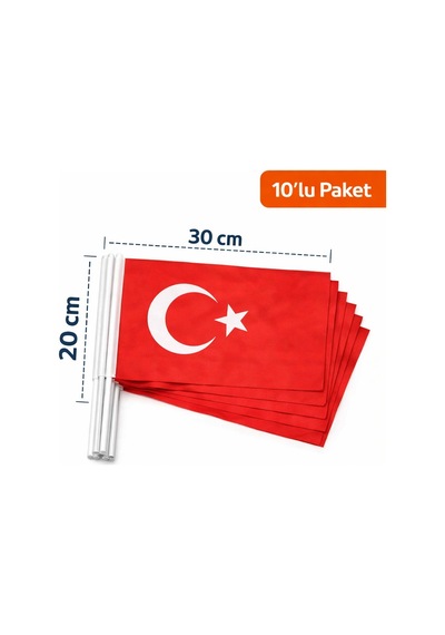 Plastik Sopalı Alpaka Bez Türk Bayrağı 20x30 Cm 10 Lu Set Tek Ebat