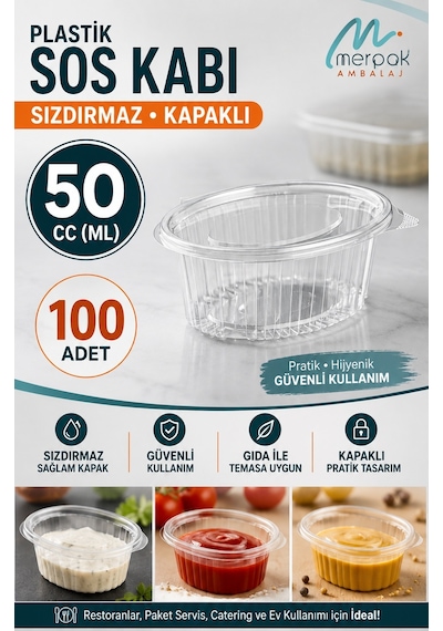 Plastik Sos Kabı 50 Cc Kapaklı Sızdırmaz Kap Sosluk 100'lü