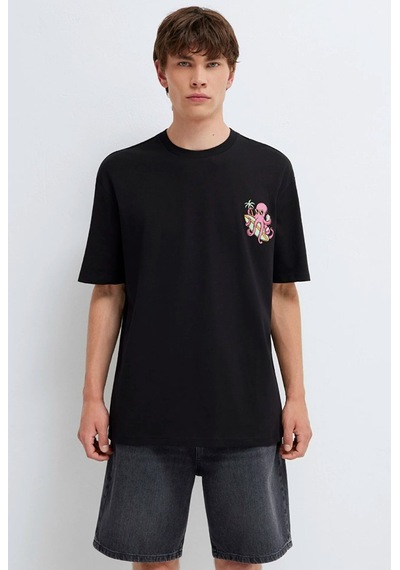 Mavi M0613385-900 Mavi Ahtapot Baskılı T-shirt Erkek Tişort Siyah