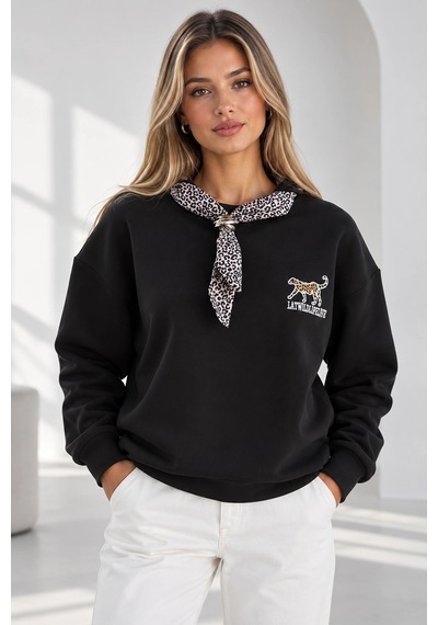 Mevese Bisiklet Yaka Nakışlı Kadın Sweatshirt - Üç İplik Şardonlu Oversize Şık Tasarım - Siyah