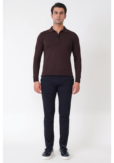 Slim Fit Esnek Pamuklu Fermuarlı Polo Yaka Kahverengi Triko Tr 902