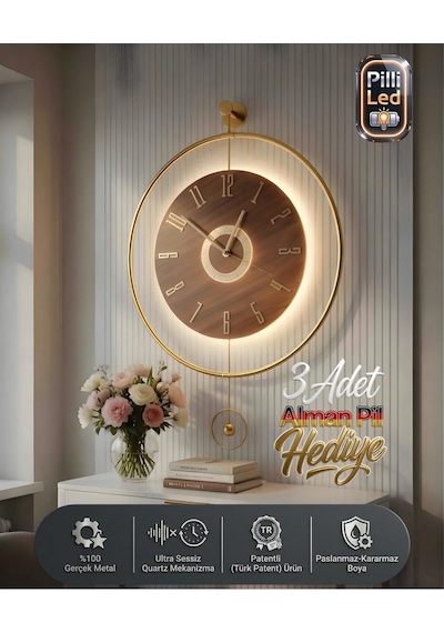 Metaquartz Aksesuar Büyük Boy 50x75cm Quartz Mekanizma Ispanyol Orbit Time , Metal Ahşap Duvar Saati Gold,
