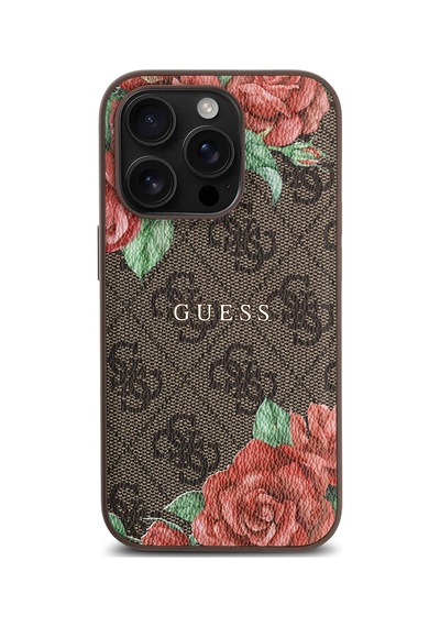Apple Uyumlu iPhone 14 Pro Kılıf Guess Lisanslı Magsafe Şarj Özellikli Gül Baskılı Yazı Logolu Kapak Kahverengi