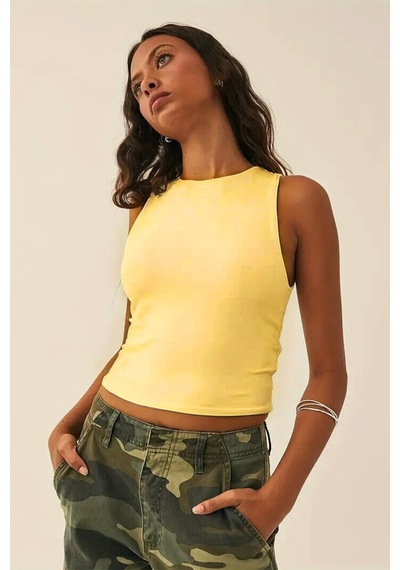 Tarz Cool Kadın Atlet Düz Basic Crop Kolsuz T-shirt Açık Sarı