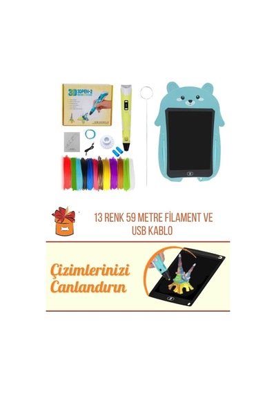 Sarı 3D Kalem & Mavi Tavşan Grafik Panda Tablet Seti – 50 Metre Filament ve USB Kablo