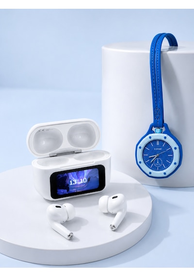 Dokunmatik Kablosuz Kulaklık + Mavi Askılı Analog Charm Saat İkili Set Altın