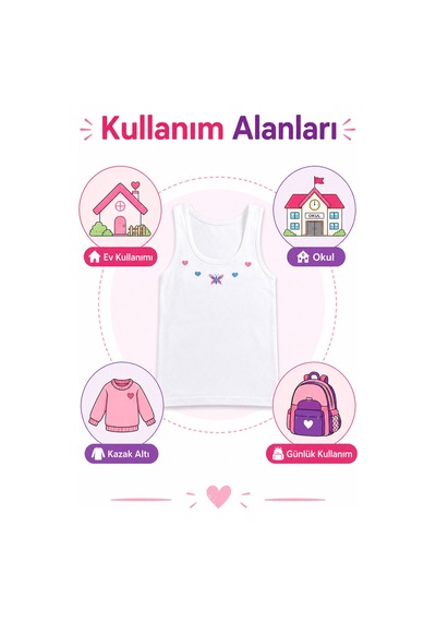 Tutku 6'lı Paket Kız Çocuk Geniş Askılı İşlemeli Atlet %100 Pamuk Tkc0166 Beyaz