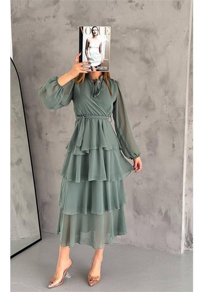 Dip Moda Kadın Astarlı Eteği Kat Kat Şifon Elbise Dpk2041 Mint