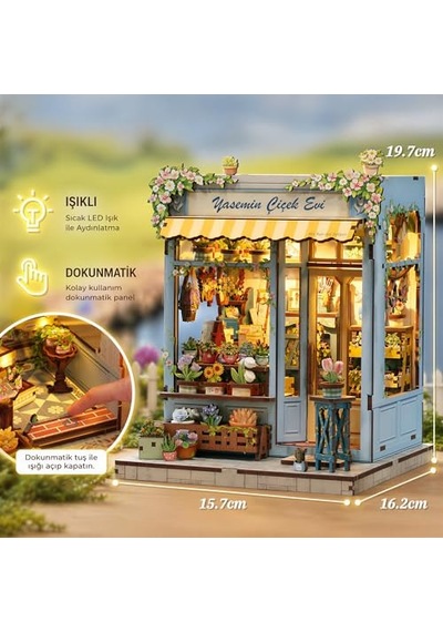 Yasemin Çiçek Evi Book Nook Dıy Kit Ahşap Minyatür Kitap Köşesi Dekoru, Led Işıklı Kendin Yap Hobi Seti