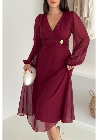 Neşeli Butik Kadın Bel Toka Detaylı Astarlı Şifon Elbise Nbk4329 Bordo