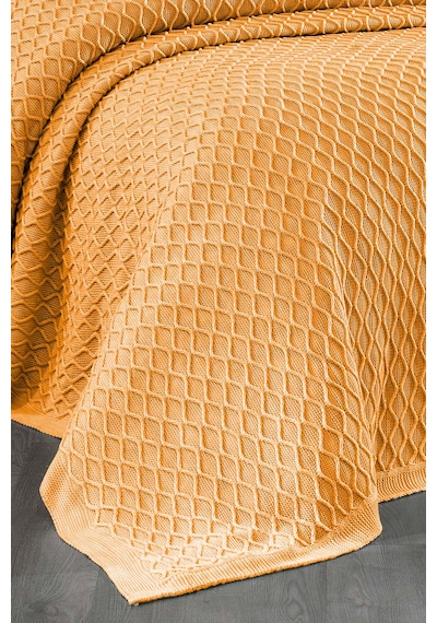 Akrilik Örgü Battaniye Çift Kişilik 220 X 240 Cm Yatak Örtüsü Pike Poly Hardal Turuncu
