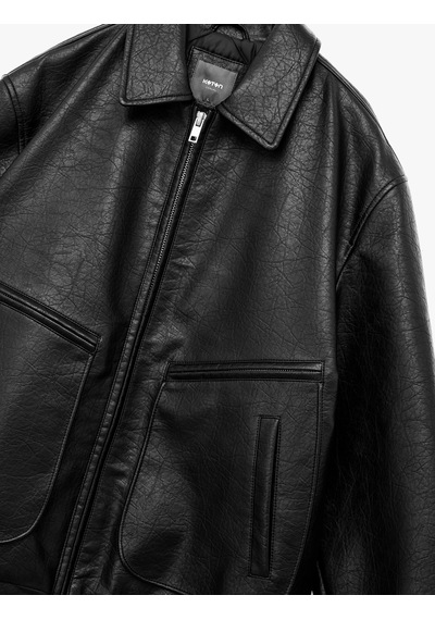 Koton Slim Fit Uzun Kollu Fermuarlı Gömlek Yaka Suni Deri Ceket Siyah 6wam20162hw Siyah