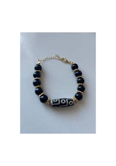 Tibet Akik Ve Oniks Doğal Taş Bileklik Gold Detaylı Ayarlanabilir Unisex Tasarım Siyah Siyah