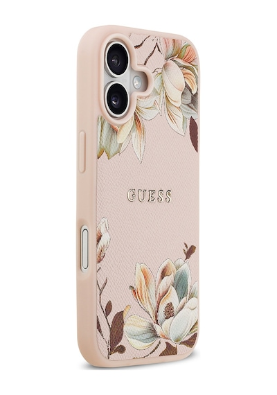 Apple Uyumlu iPhone 17 Kılıf Guess Lisanslı M-safeli Taneli Çiçek Tasarımlı Metal Yazı Logolu Kapak Pembe Pembe